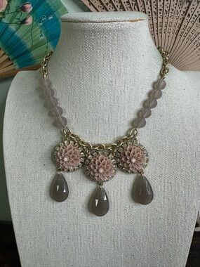 Lia Sophia Exotic Bloom Necklace Pink Floral Cabochon and Taupe Teardrop